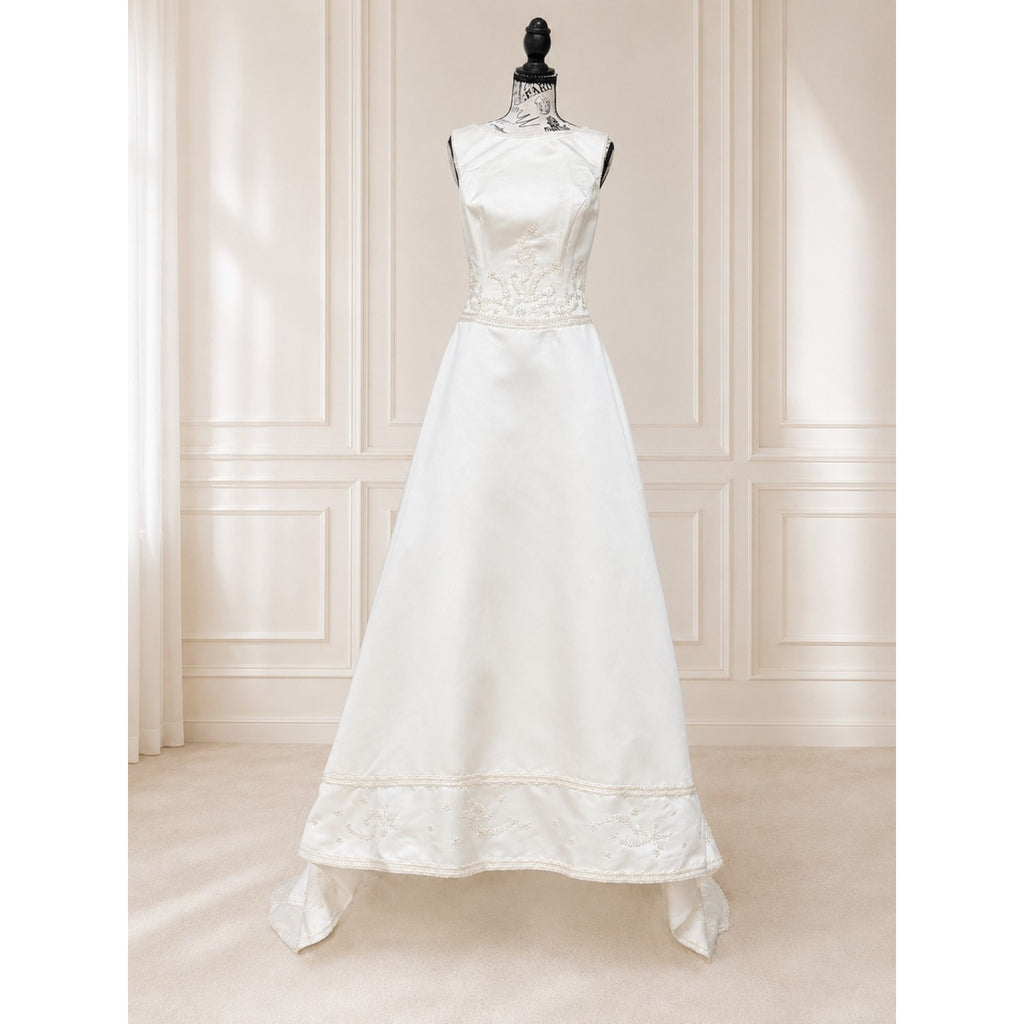 WG004 Da Vinci Size 12 Soft White Ivory Beaded Satin A-Line Wedding Dress Gown