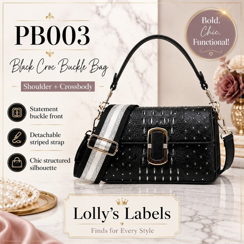 PB003 Classic Fashion TE-1131A Black Silver Croc Shoulder Crossbody Bag 2 Straps