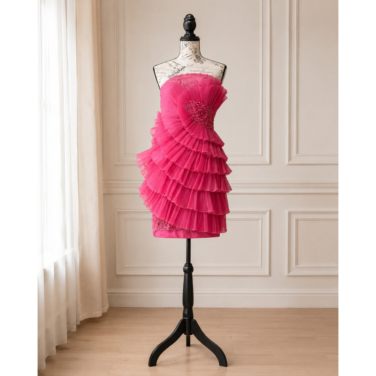 G001 Cinderella Divine Fuchsia Pink Ruffle Rosette Mini Formal Dress Size 4