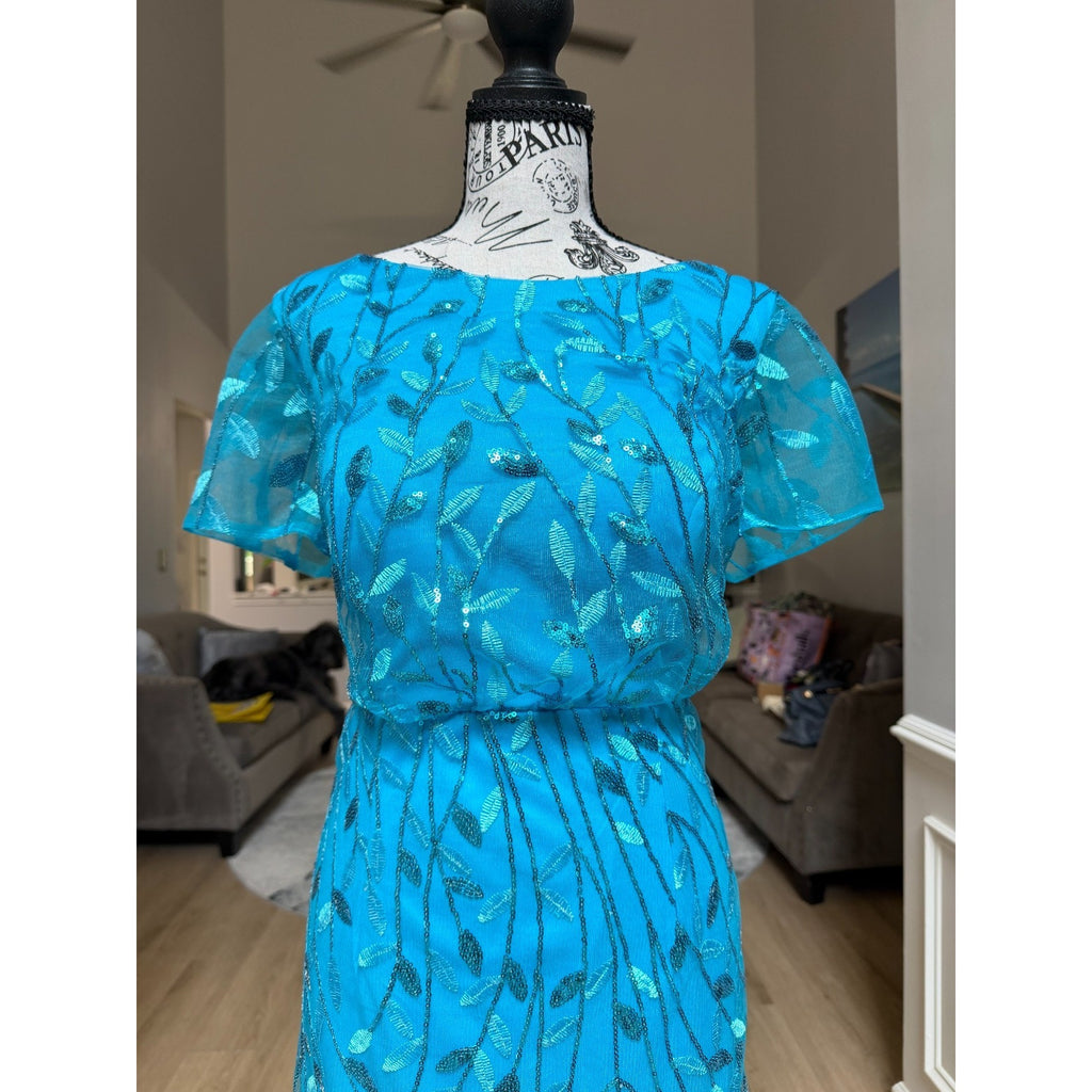 G003 NWT Turquoise Blue Sequin Leaf Mesh Overlay Formal Maxi Gown Dress Size 14