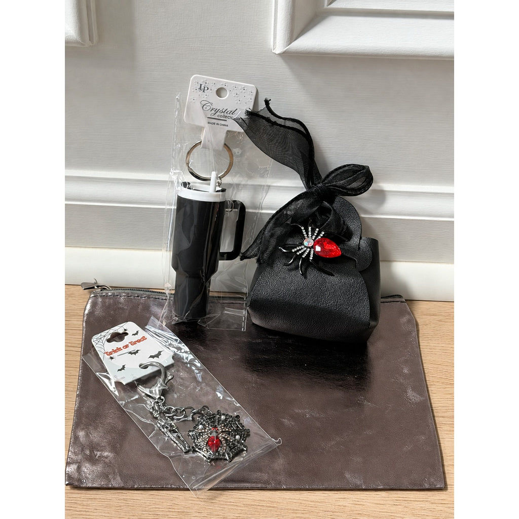 Black Halloween Gift Set 5 Piece Spider Brooch Mini Bag Tumbler Keychains