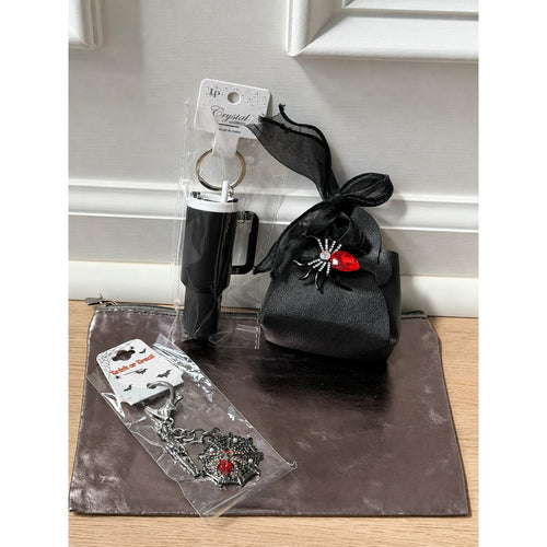 Black Halloween Gift Set 5 Piece Spider Brooch Mini Bag Tumbler Keychains