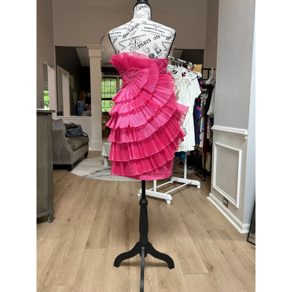 G001 Cinderella Divine Fuchsia Pink Ruffle Rosette Mini Formal Dress Size 4
