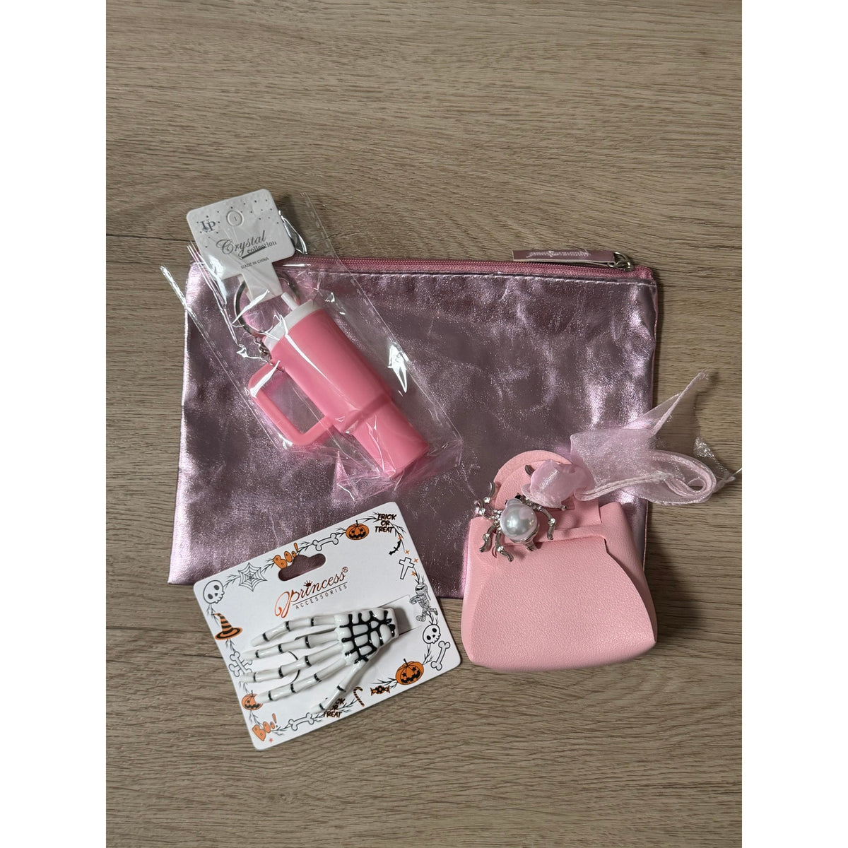 Pink Halloween Gift Set 5 Piece Mini Bag Tumbler Keychain Skeleton Hair Clip