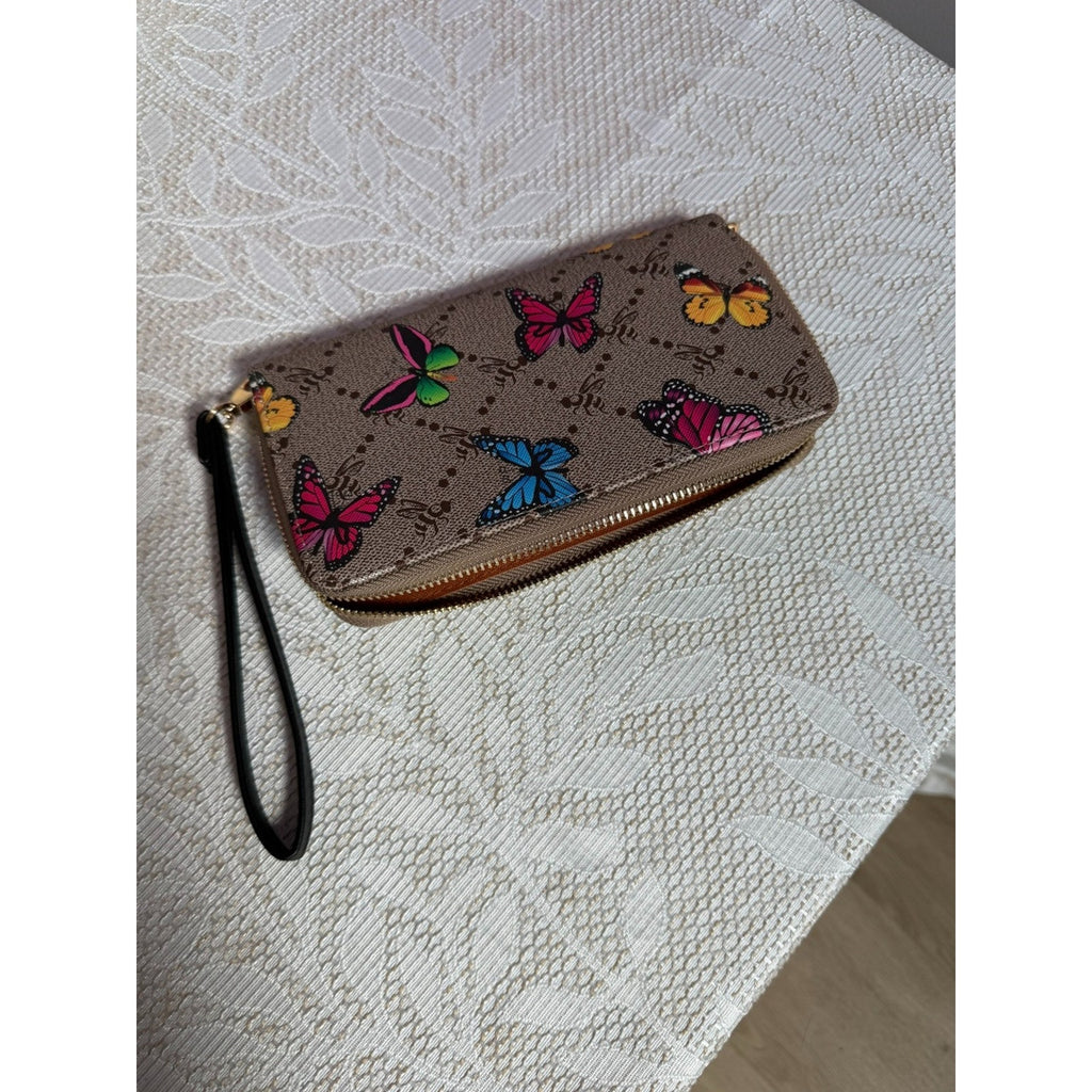 W011 Butterfly Print Zip Around Wristlet Wallet Taupe Brown Multicolor