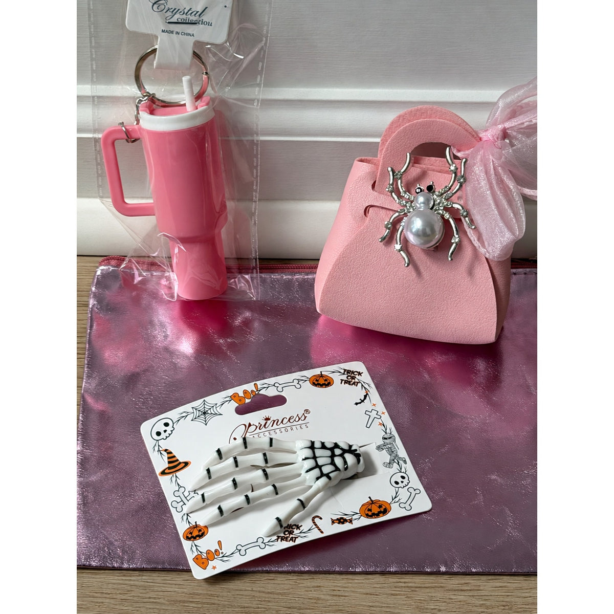 Pink Halloween Gift Set 5 Piece Mini Bag Tumbler Keychain Skeleton Hair Clip