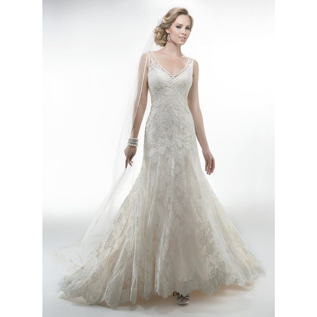 WG022 Maggie Sottero Melanie 4MS061 Ivory/Light Gold Lace Wedding Gown Sz 12