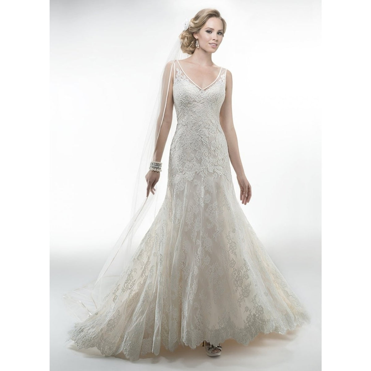 WG022 Maggie Sottero Melanie 4MS061 Ivory/Light Gold Lace Wedding Gown Sz 12