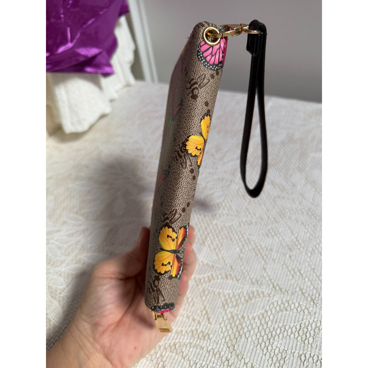 W011 Butterfly Print Zip Around Wristlet Wallet Taupe Brown Multicolor