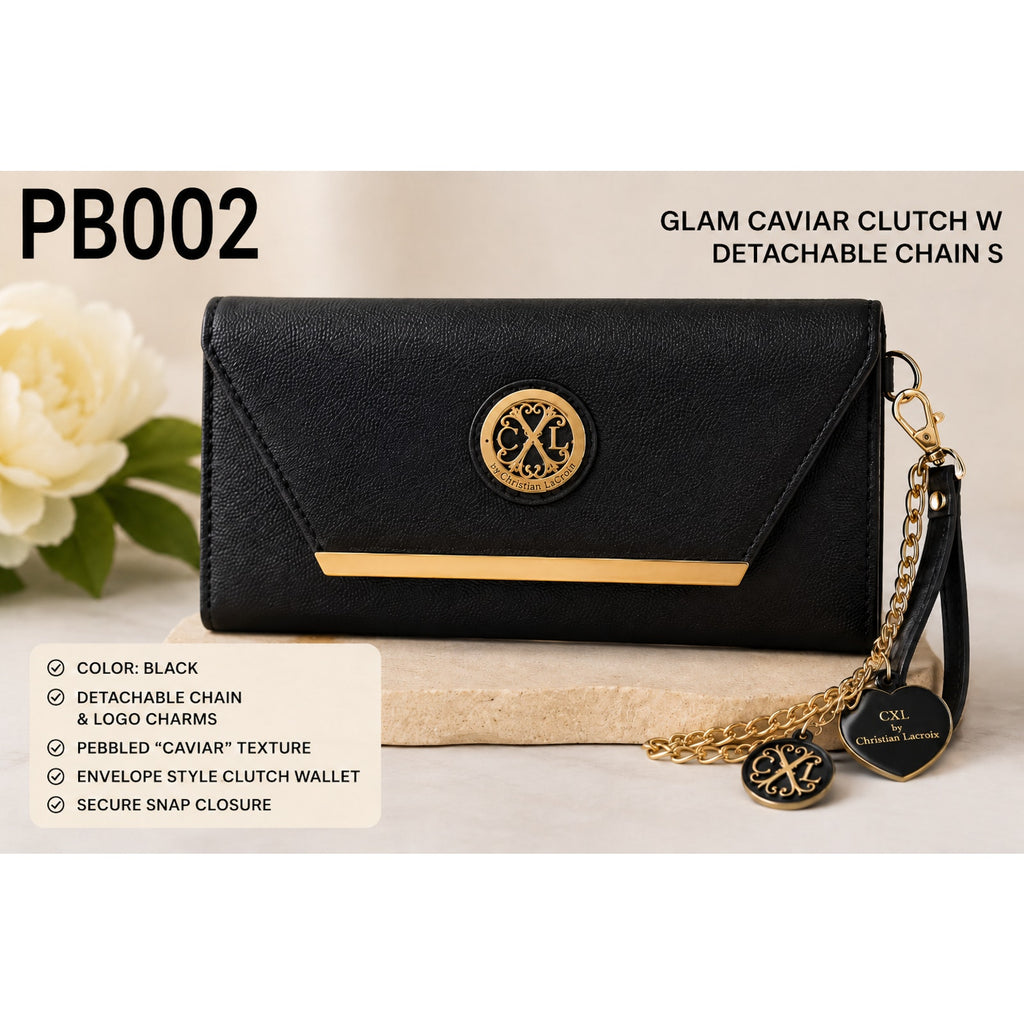 PB002 CXL Christian Lacroix Glam Caviar Black Clutch Chain Strap NWT