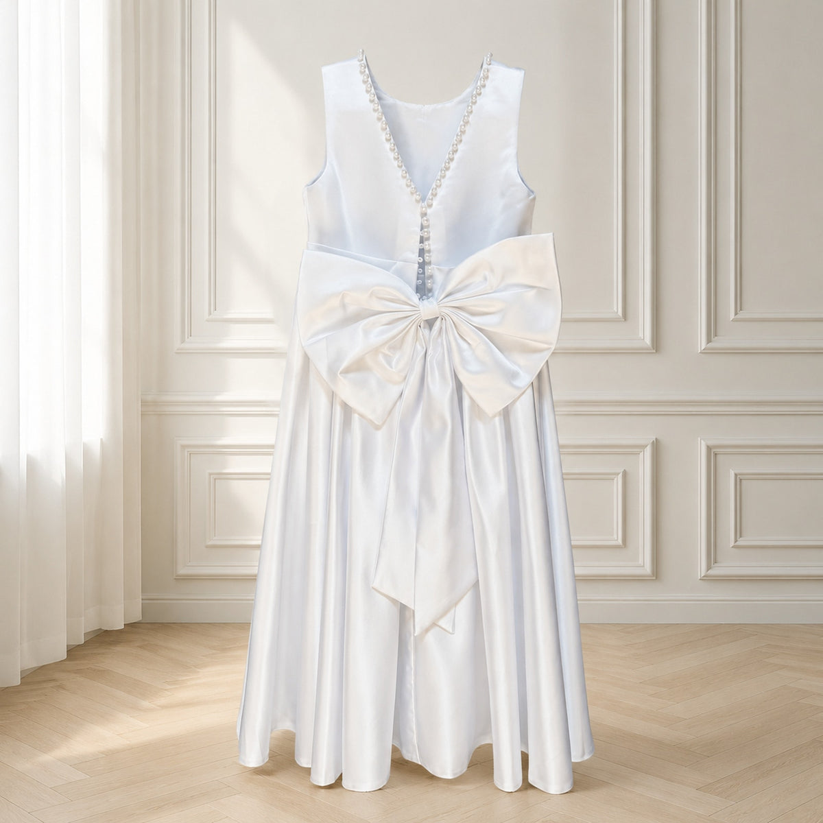G004 NWT Girls Size 6 White Faux Pearl Flower Girl Formal Gown Bow