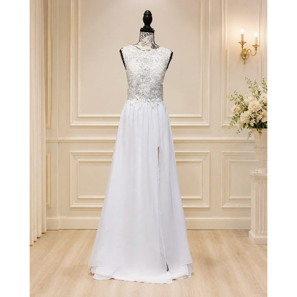 WG011 Size 14 White Lace Illusion Corset A-Line Wedding Gown Slit Short Train