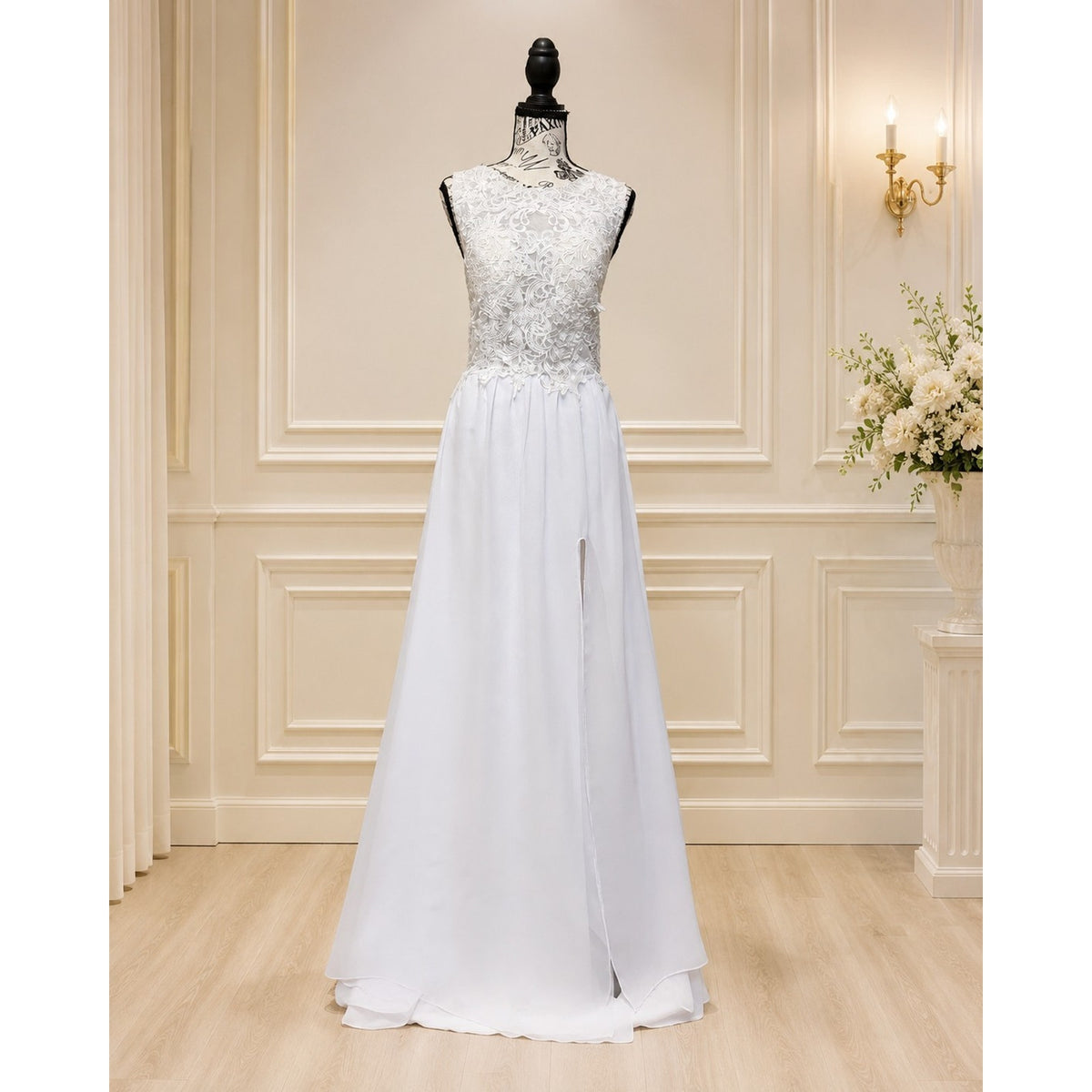 WG011 Size 14 White Lace Illusion Corset A-Line Wedding Gown Slit Short Train