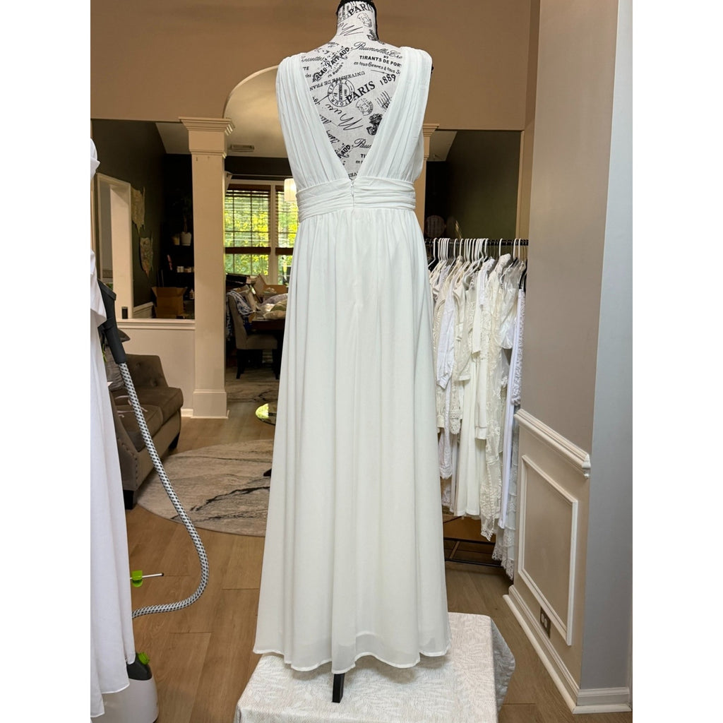 WG009 Lulus Size L White Plunging V Chiffon A-Line Wedding Gown Side Slit