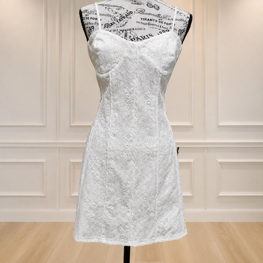 WG027 Lulus Dainty Personality Ivory Lace Seamed Bustier Mini Dress M NWT
