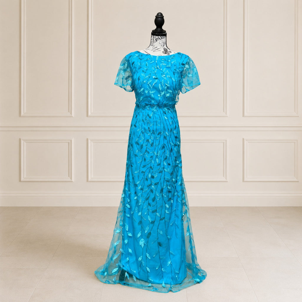 G003 NWT Turquoise Blue Sequin Leaf Mesh Overlay Formal Maxi Gown Dress Size 14