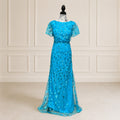 G003 NWT Turquoise Blue Sequin Leaf Mesh Overlay Formal Maxi Gown Dress Size 14