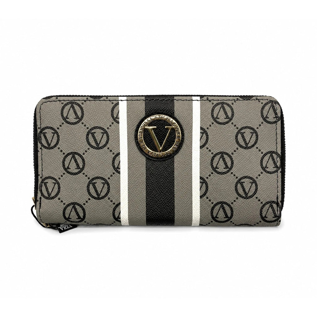 W010-Opened Vera New York Black Gray Signature Logo Zip Around Wallet NWT