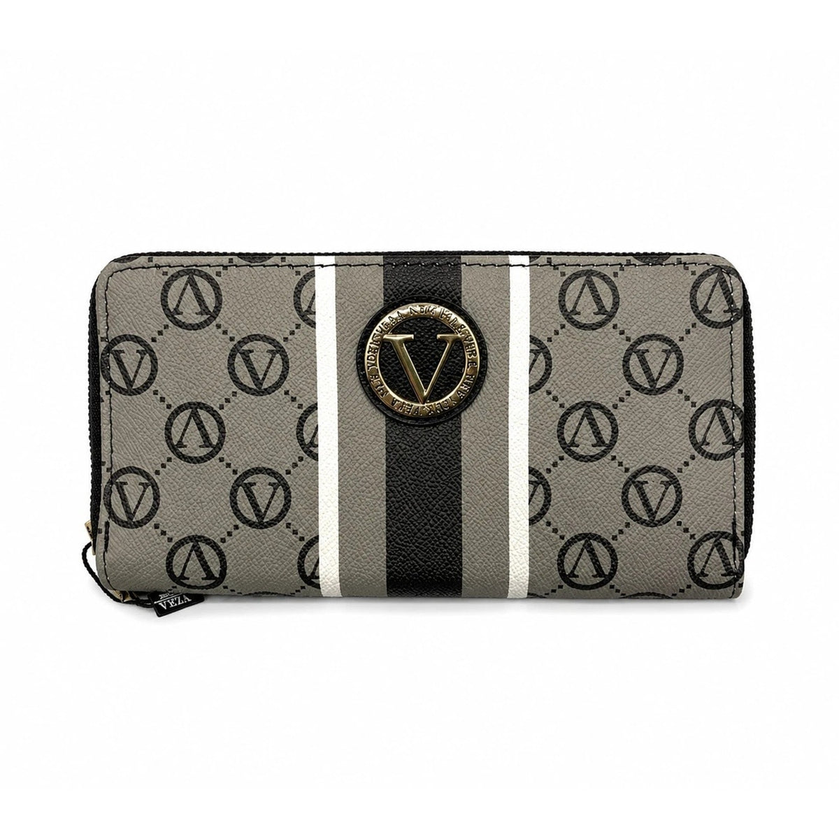 W010-Opened Vera New York Black Gray Signature Logo Zip Around Wallet NWT