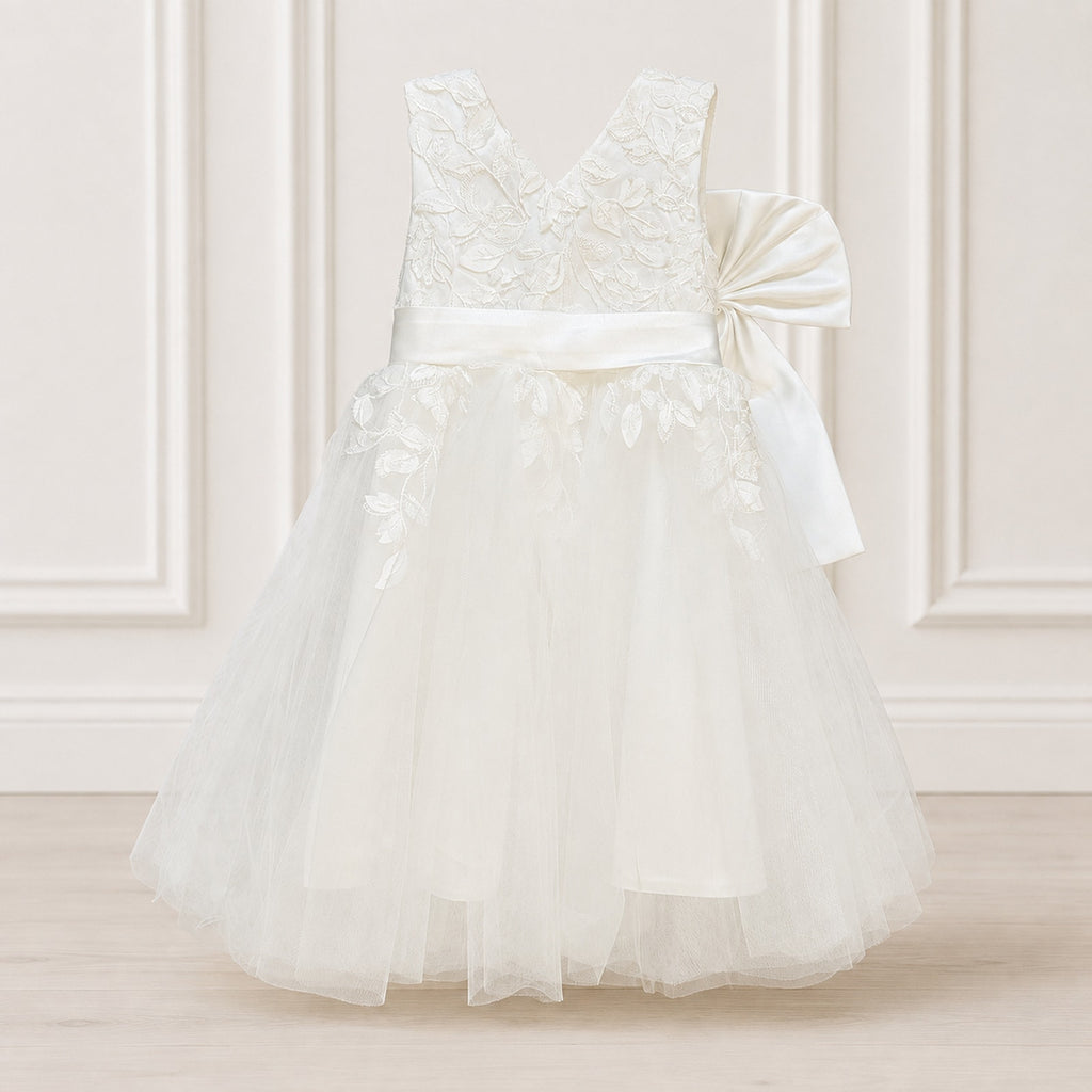 G005 NWT Defect Toddler Girls Size 2 (2T) Ivory Lace Tulle Flower Girl Dress Bow