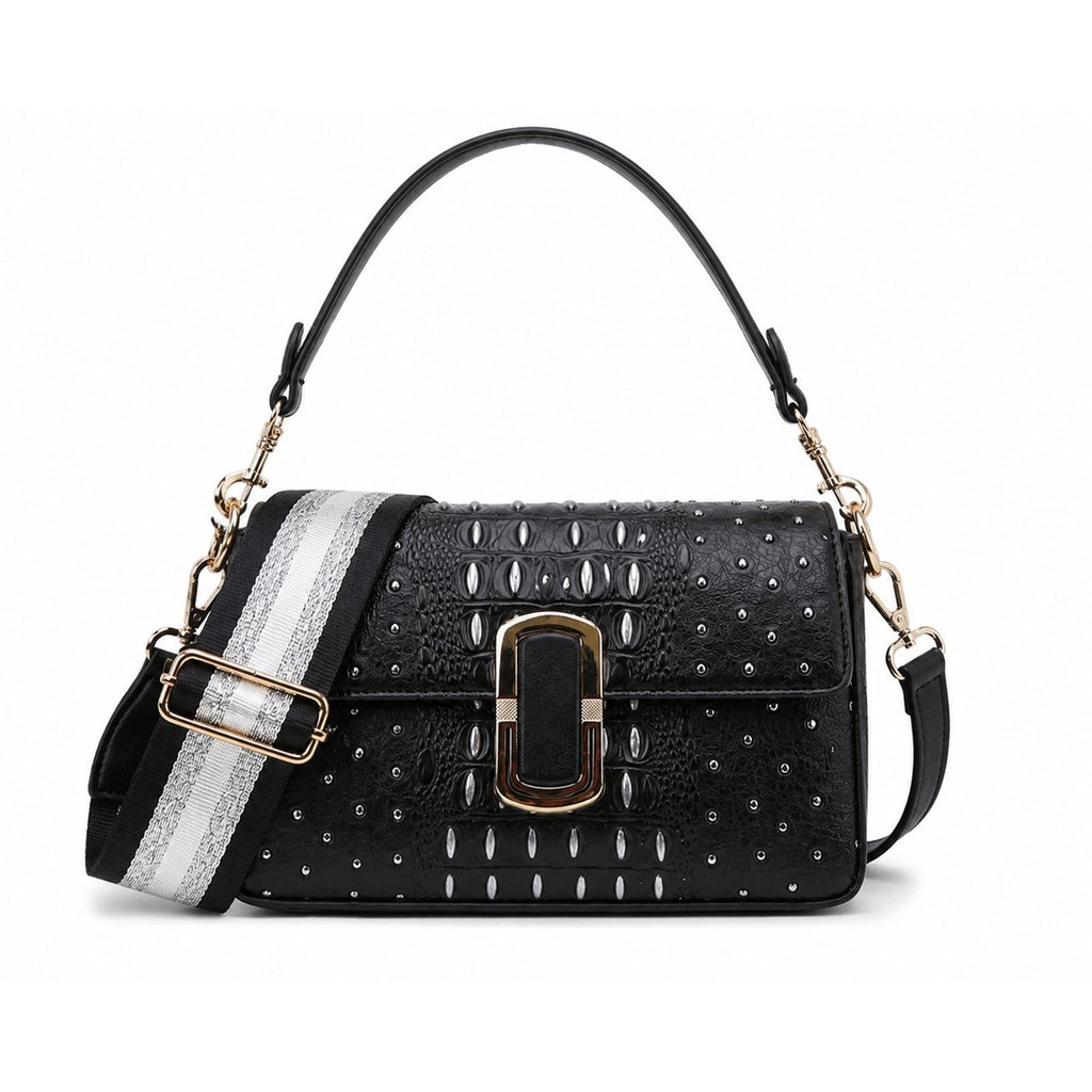 PB003 Classic Fashion TE-1131A Black Silver Croc Shoulder Crossbody Bag 2 Straps