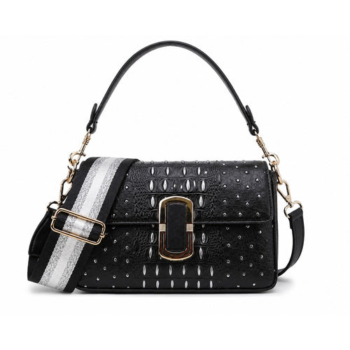PB003 Classic Fashion TE-1131A Black Silver Croc Shoulder Crossbody Bag 2 Straps
