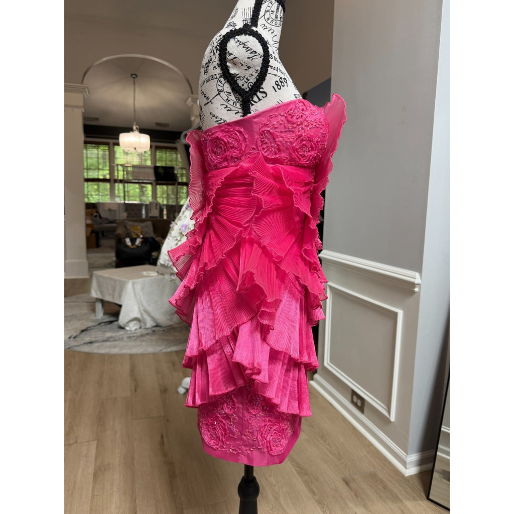G001 Cinderella Divine Fuchsia Pink Ruffle Rosette Mini Formal Dress Size 4