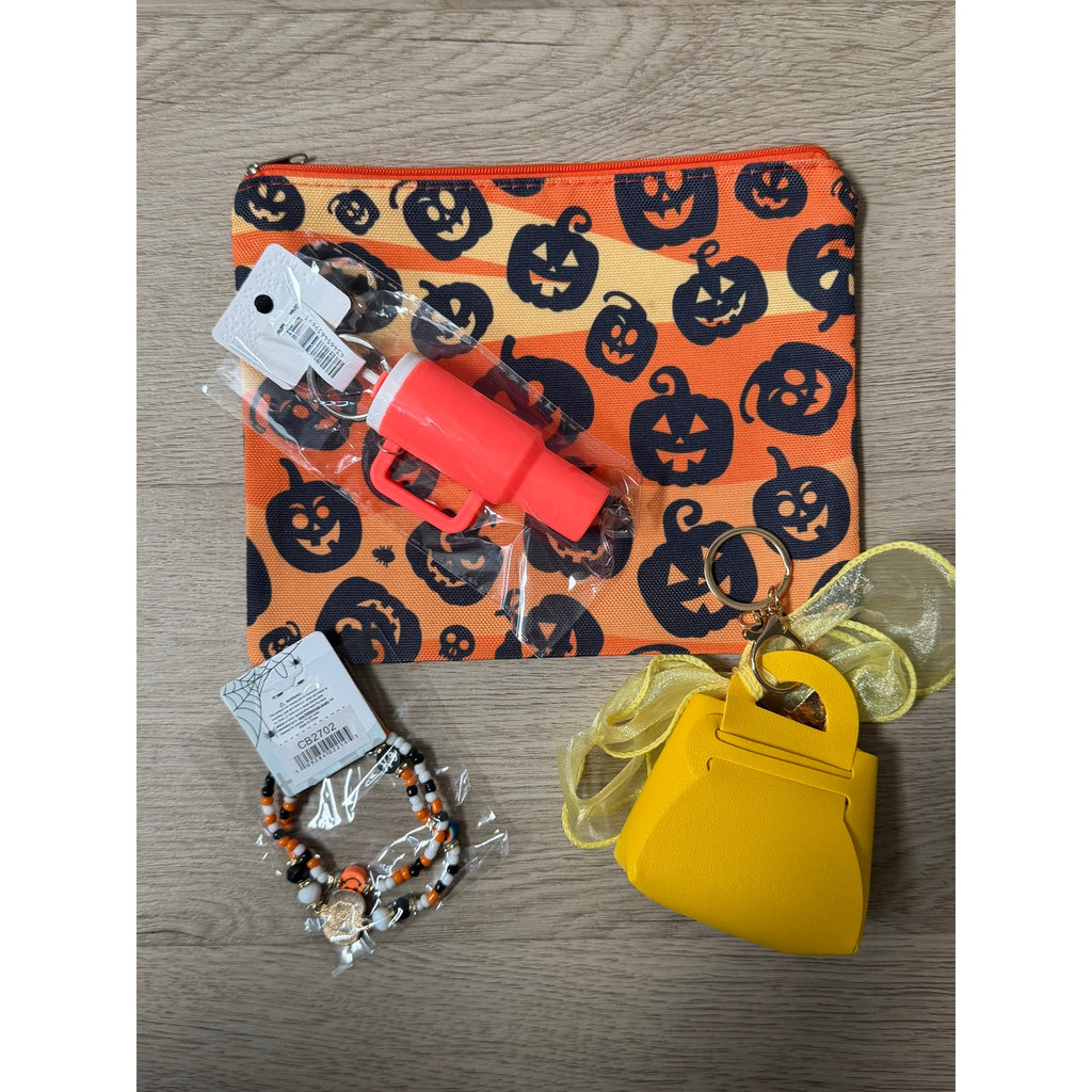 Halloween Gift Set 5 Piece Pumpkin Pouch Yellow Mini Bag Bracelet Keychain