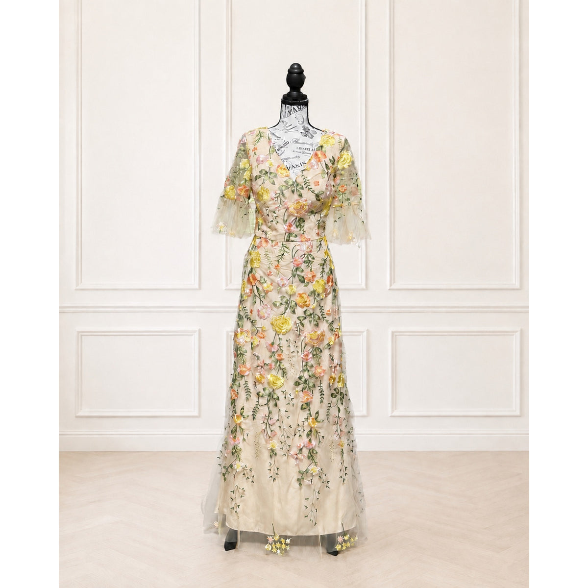 AW Bridal Carole US 12 Multicolor Floral Embroidered Tulle Formal Gown
