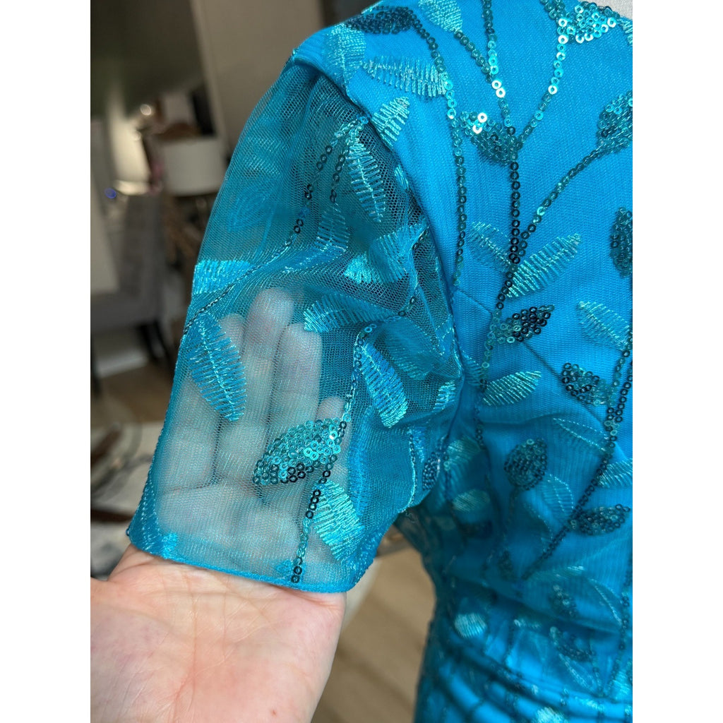 G003 NWT Turquoise Blue Sequin Leaf Mesh Overlay Formal Maxi Gown Dress Size 14