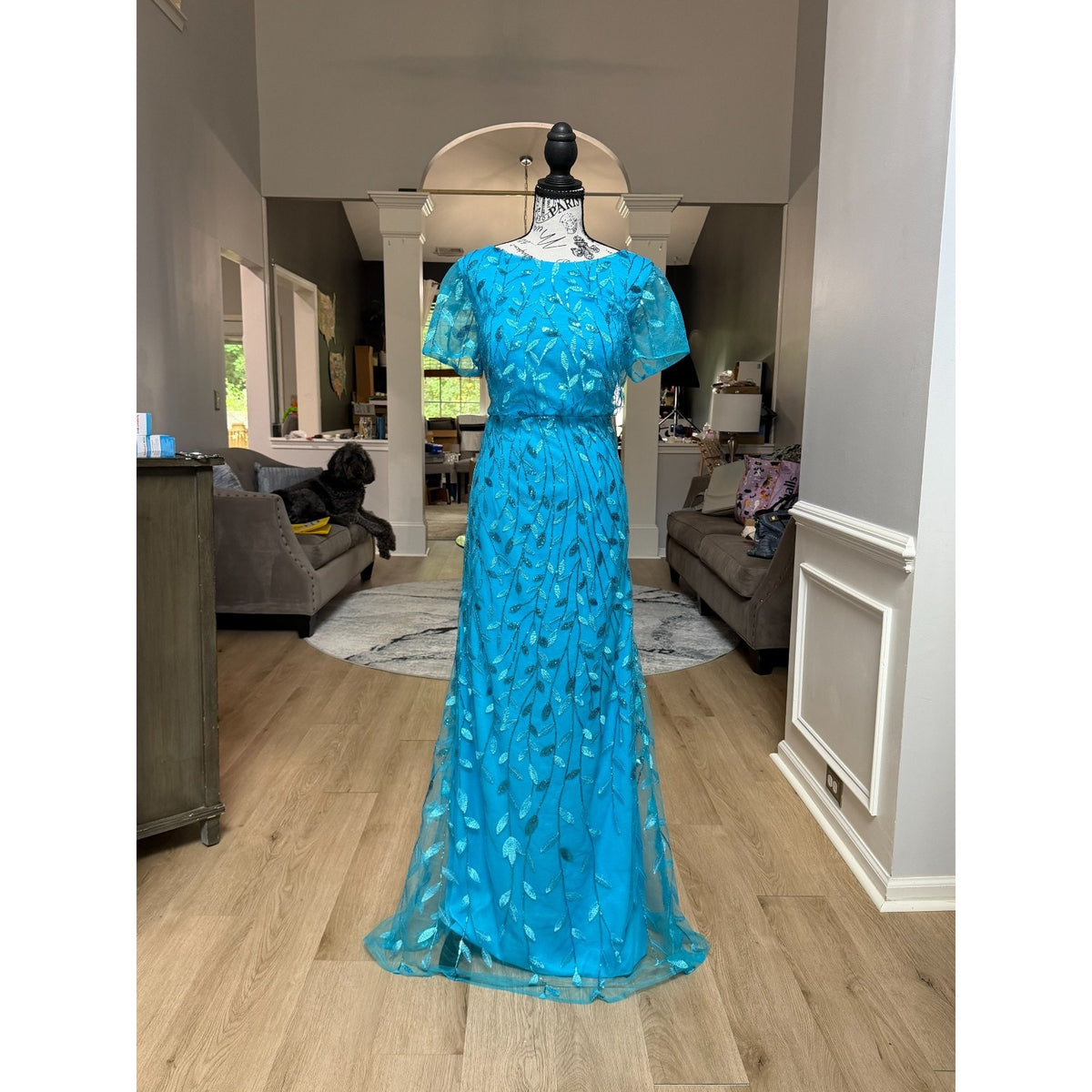 G003 NWT Turquoise Blue Sequin Leaf Mesh Overlay Formal Maxi Gown Dress Size 14