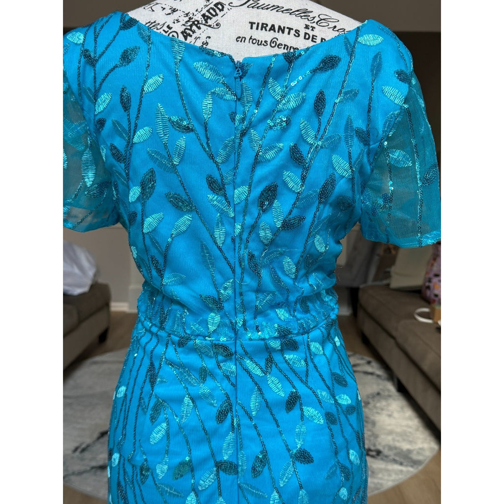 G003 NWT Turquoise Blue Sequin Leaf Mesh Overlay Formal Maxi Gown Dress Size 14