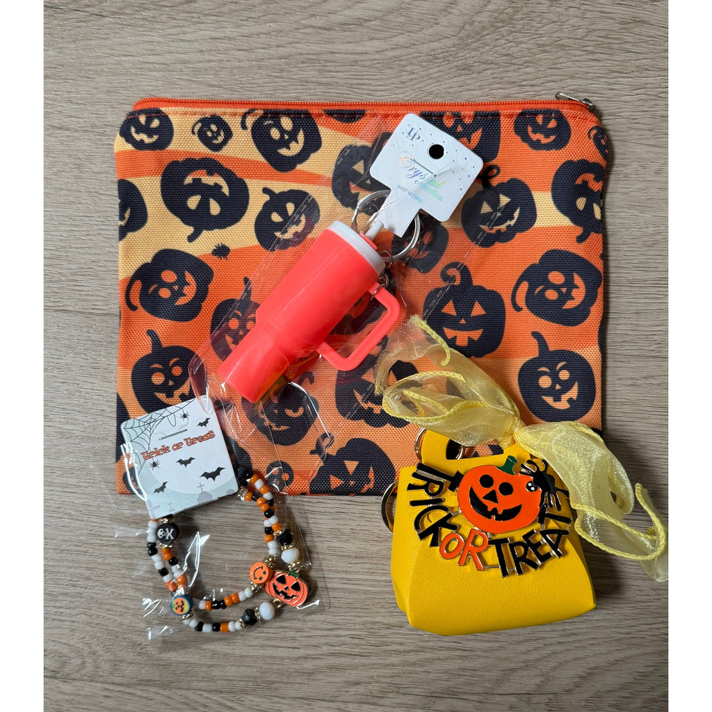 Halloween Gift Set 5 Piece Pumpkin Pouch Yellow Mini Bag Bracelet Keychain