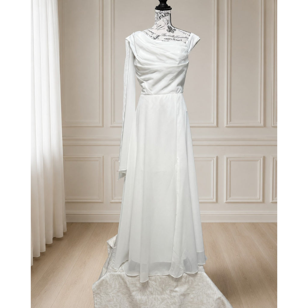 WG012 Size 16 Ivory Draped Scarf-Neck A-Line Wedding Gown NWT