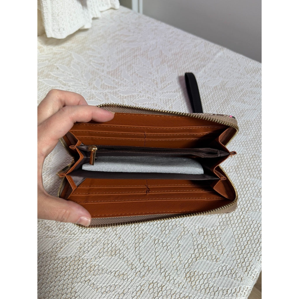 W011 Butterfly Print Zip Around Wristlet Wallet Taupe Brown Multicolor