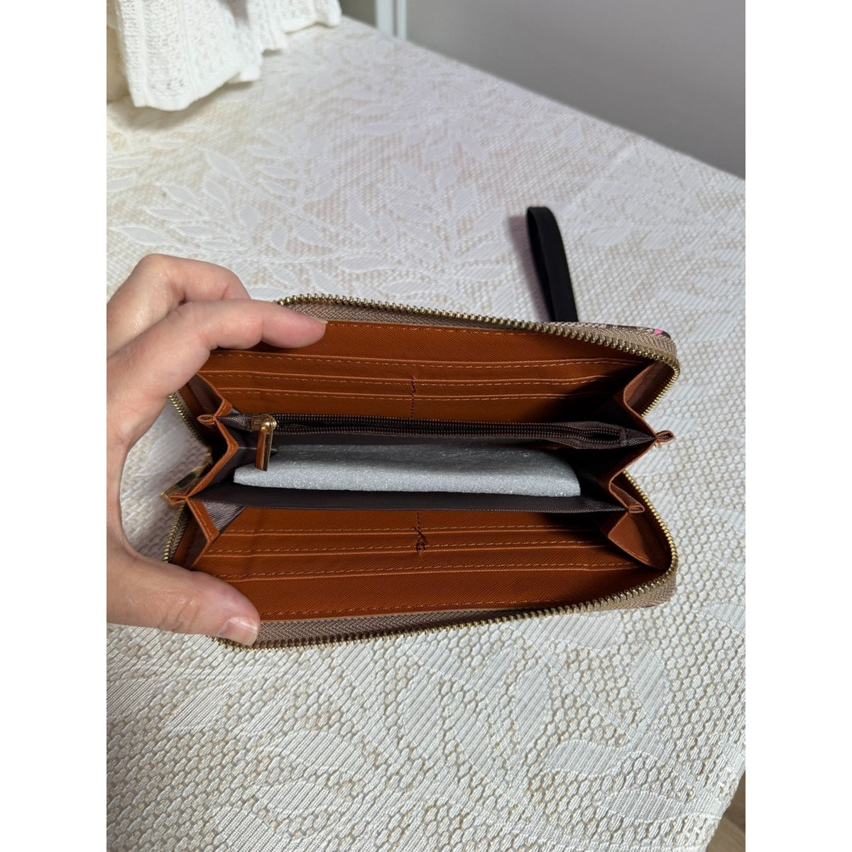 W011 Butterfly Print Zip Around Wristlet Wallet Taupe Brown Multicolor