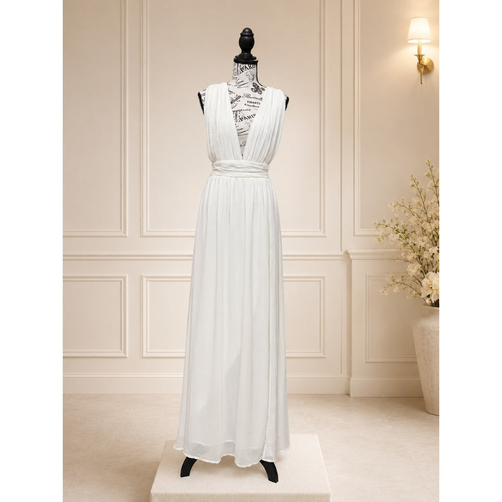 WG009 Lulus Size L White Plunging V Chiffon A-Line Wedding Gown Side Slit