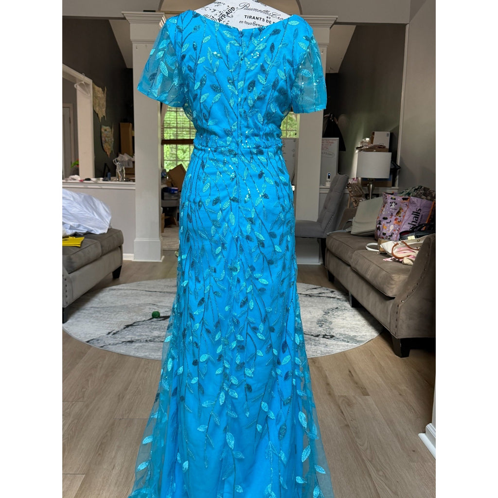 G003 NWT Turquoise Blue Sequin Leaf Mesh Overlay Formal Maxi Gown Dress Size 14