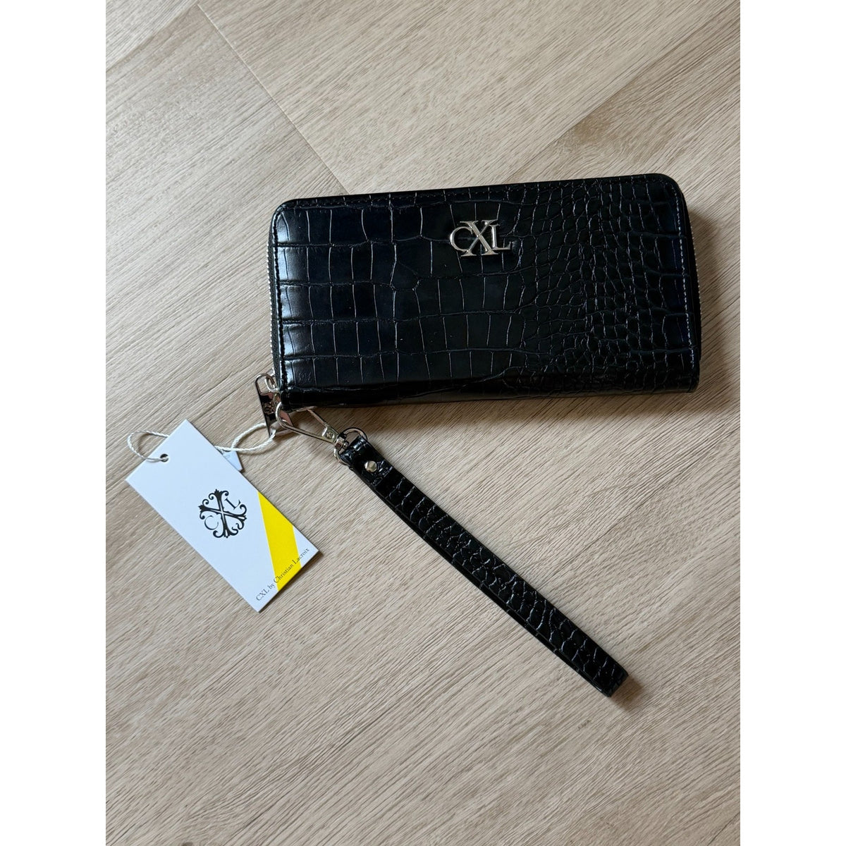 W001 Opened CXL Christian Lacroix Kara Croco Black Wristlet Wallet NWT