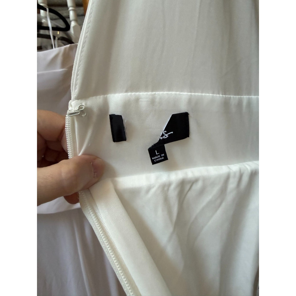 WG009 Lulus Size L White Plunging V Chiffon A-Line Wedding Gown Side Slit