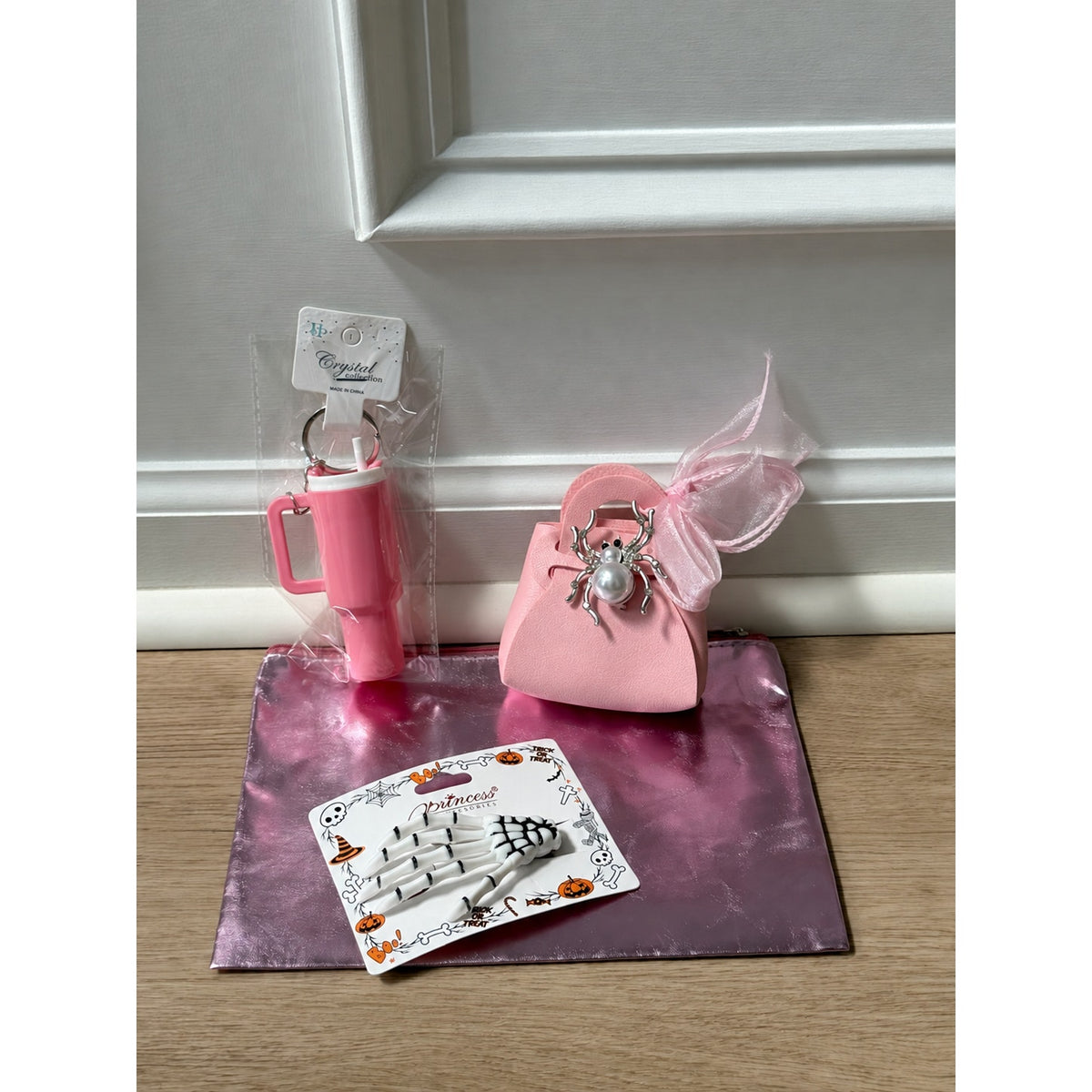 Pink Halloween Gift Set 5 Piece Mini Bag Tumbler Keychain Skeleton Hair Clip