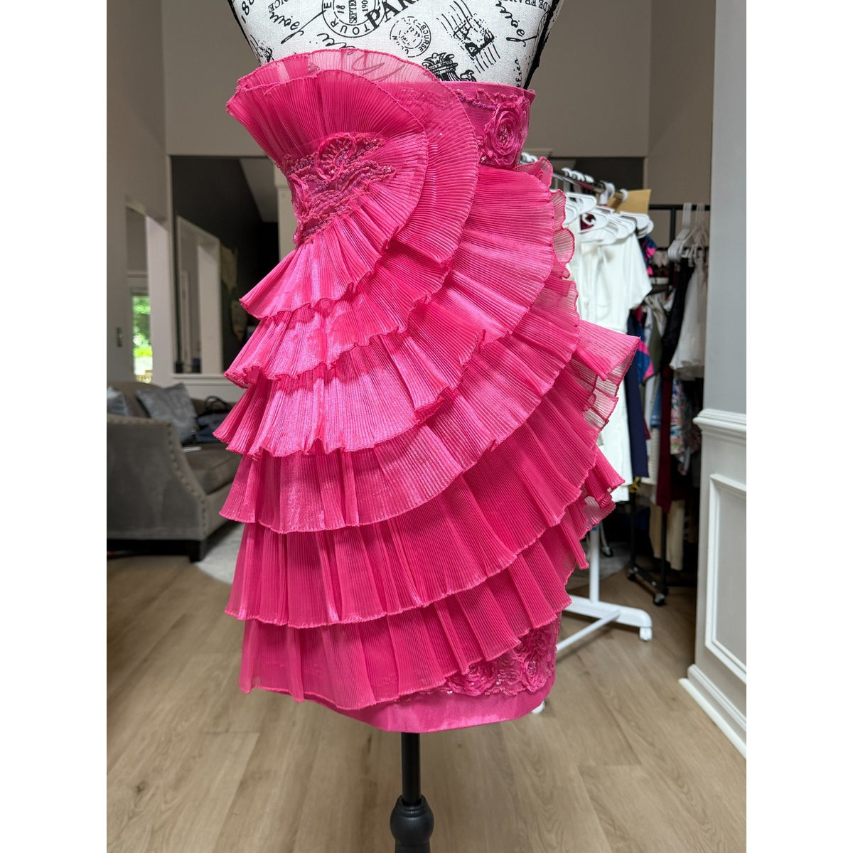 G001 Cinderella Divine Fuchsia Pink Ruffle Rosette Mini Formal Dress Size 4