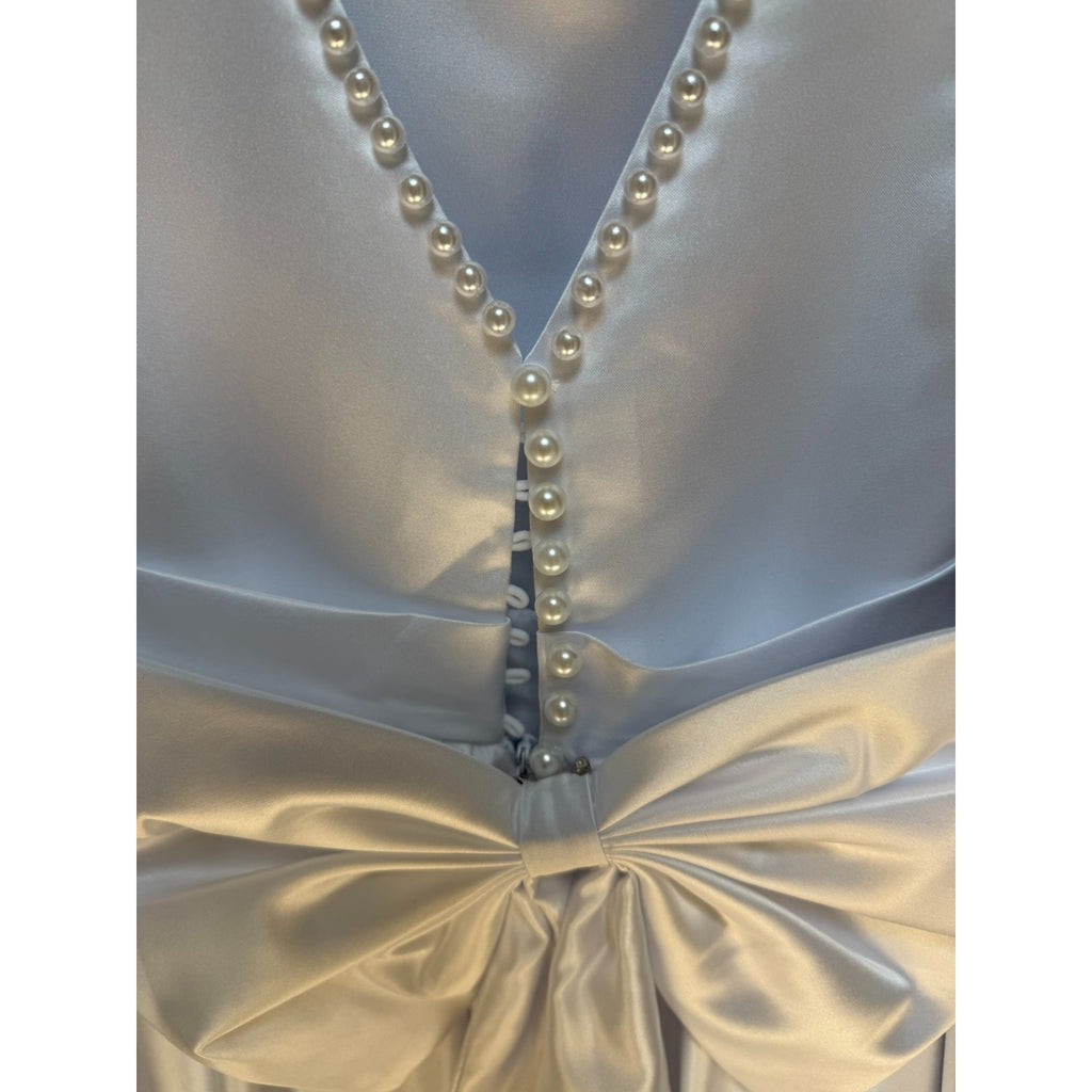 G004 NWT Girls Size 6 White Faux Pearl Flower Girl Formal Gown Bow