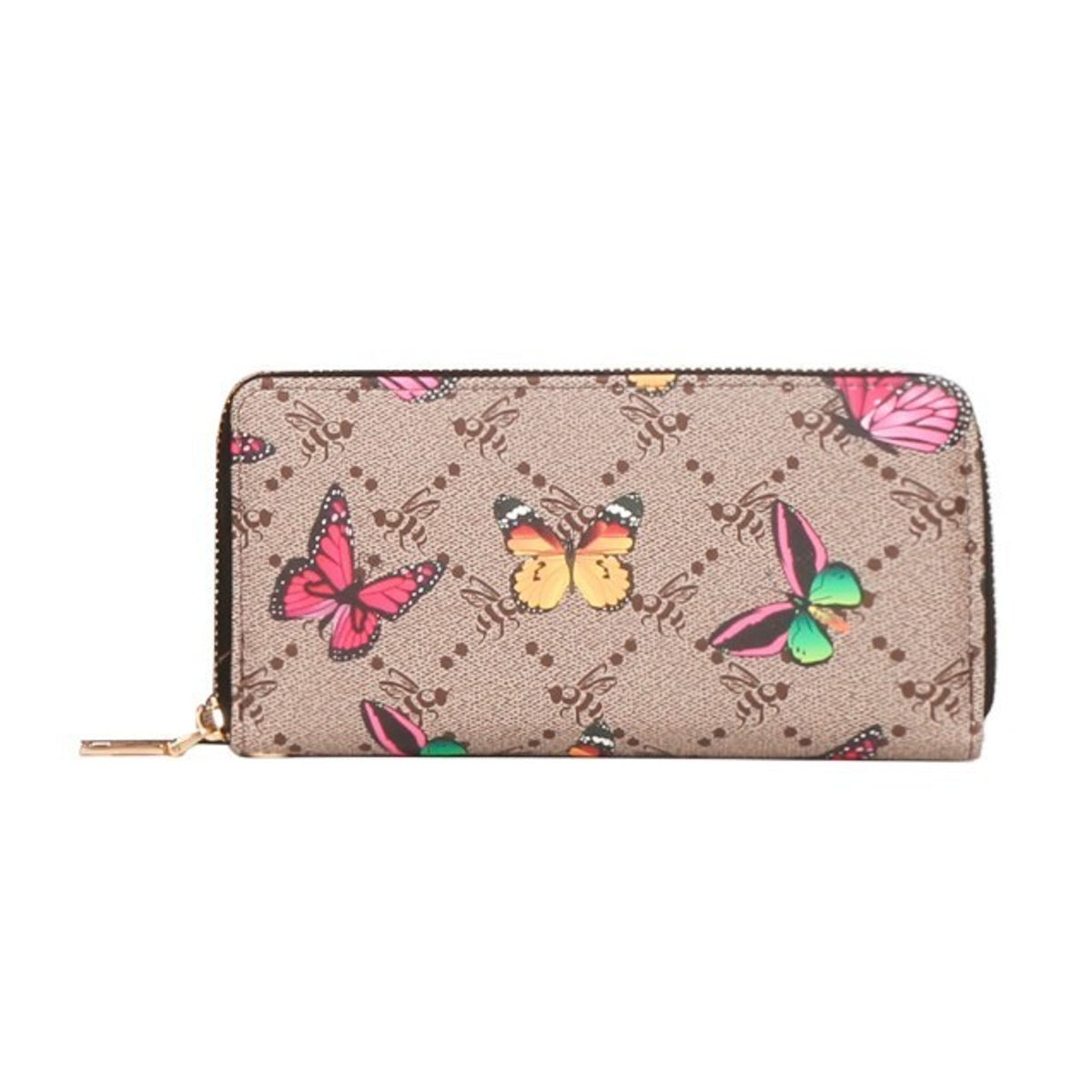 W011 Butterfly Print Zip Around Wristlet Wallet Taupe Brown Multicolor