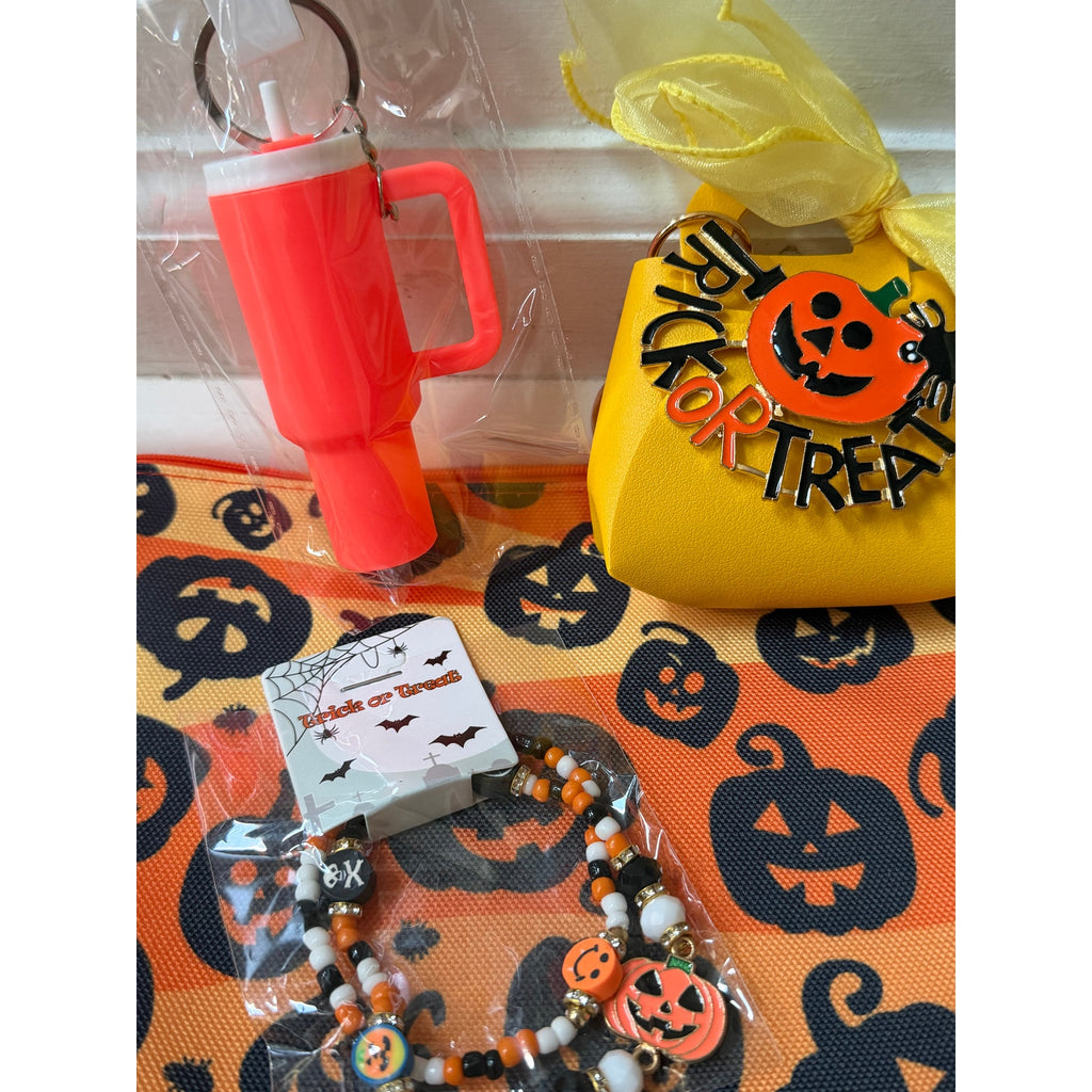 Halloween Gift Set 5 Piece Pumpkin Pouch Yellow Mini Bag Bracelet Keychain