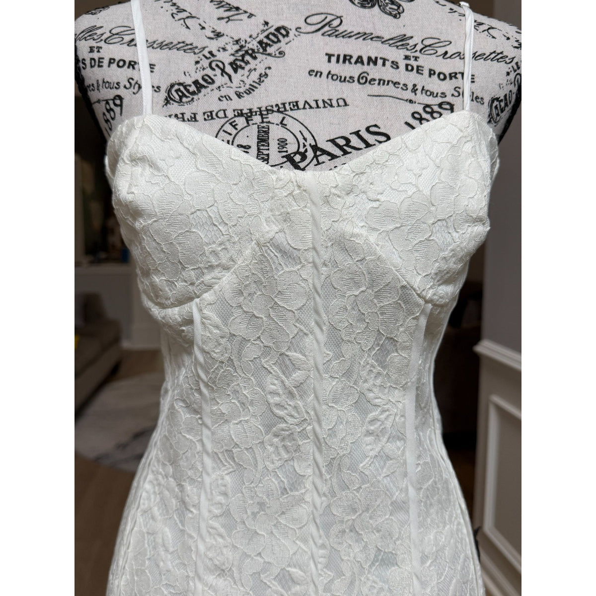WG027 Lulus Dainty Personality Ivory Lace Seamed Bustier Mini Dress M NWT