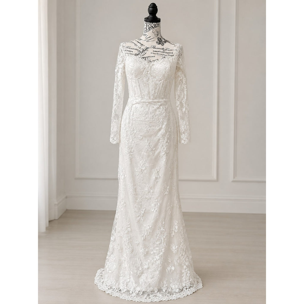WG002 Lulus Romance Dreamer Size L White Lace Off-Shoulder Wedding Gown New