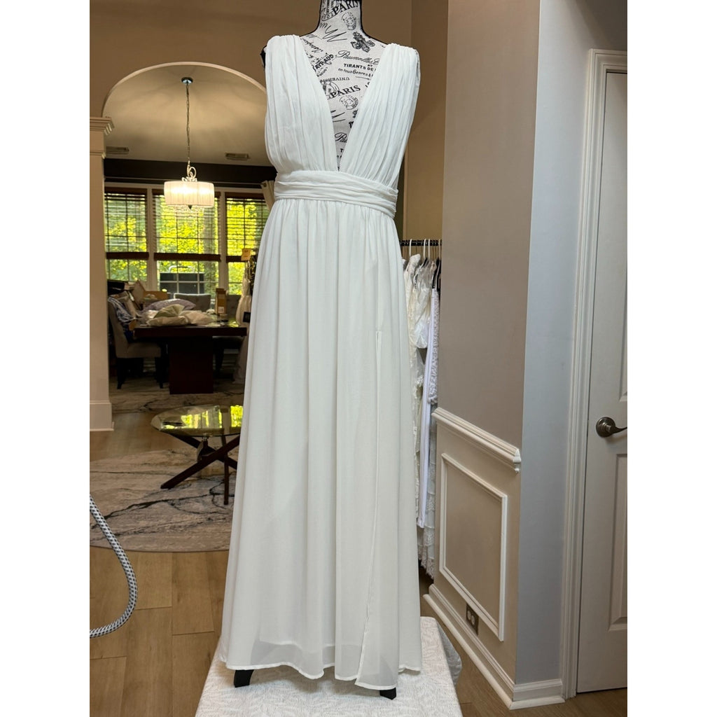 WG009 Lulus Size L White Plunging V Chiffon A-Line Wedding Gown Side Slit
