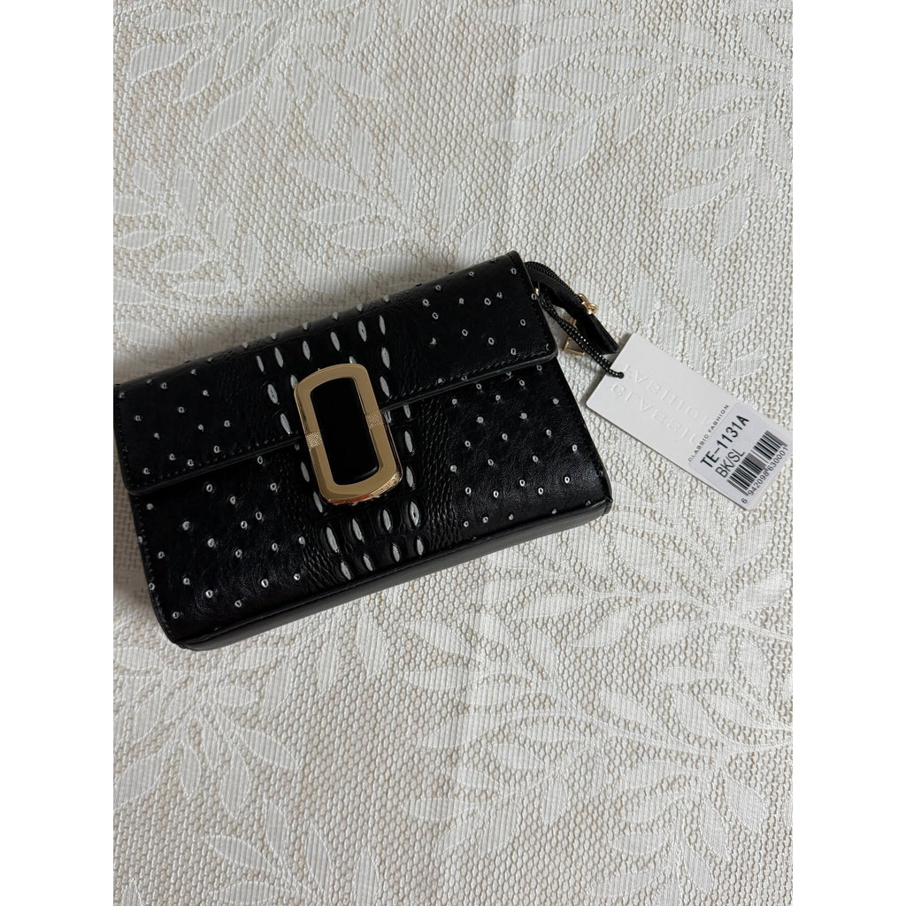 PB003 Classic Fashion TE-1131A Black Silver Croc Shoulder Crossbody Bag 2 Straps