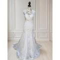 WG021 White Lace Wedding Gown Size 8 V-Neck Button Back Chapel Train